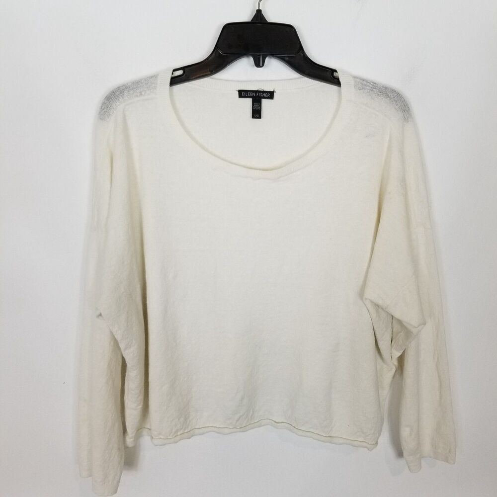 Eileen Fisher Organic Linen Blend Sweater Sz L White Round Neck Lightweight